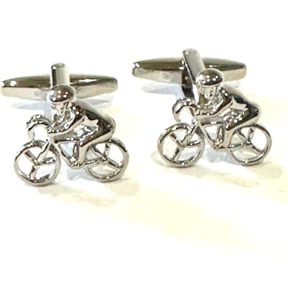 3D Road Cyclist / Racing Bike Cufflinks — Polished Silver